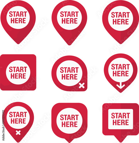 Location marker icon set with red pin start here navigation and geometric map symbols in modern UI style