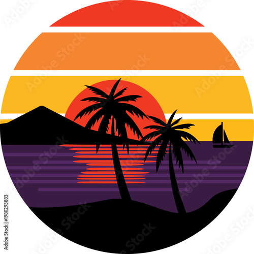 Retro Sunset Beach Illustration