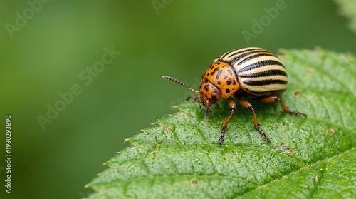 Colorado potato beetle with striped shell crawling on green leaf macro