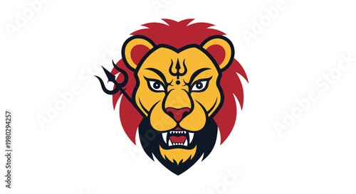 Fierce Lion Head with Trident Symbol - Hinduism, Power, Strength