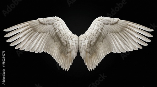 White angel wings outspread symmetrically on a solid black background