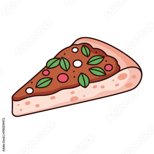 Slice of fresh homemade pizza with tomato sauce basil leaves and mozzarella cheese topping icon