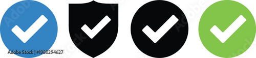 Checkmark badge set with blue round icon black shield black circle and green circle in minimal flat style