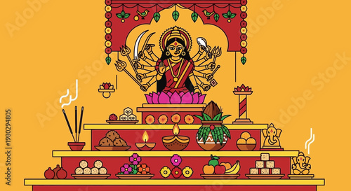 Goddess Durga Puja Celebration Altar with Offerings and Incense