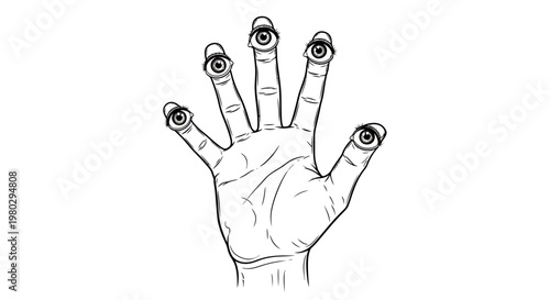 An illustration of a hand with eyes on fingertips.