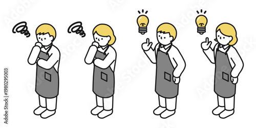 アイソメトリックイラスト:アイデアを思いつく男女 考える男女(エプロン)