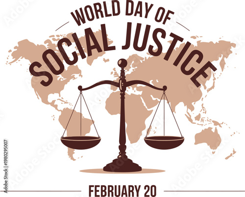 Social justice poster with wooden balance scale world map background and clean beige minimalist design