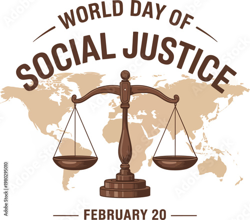 Social justice illustration with balance scale and global map in minimal beige poster design