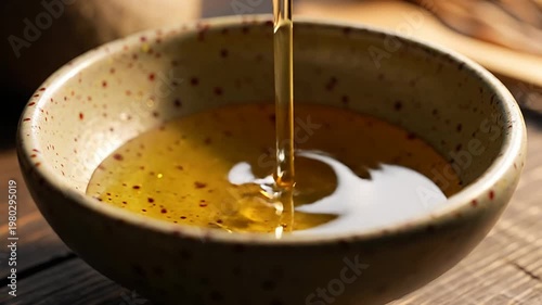 Wallpaper Mural Golden liquid pouring into rustic ceramic bowl on wooden table Torontodigital.ca