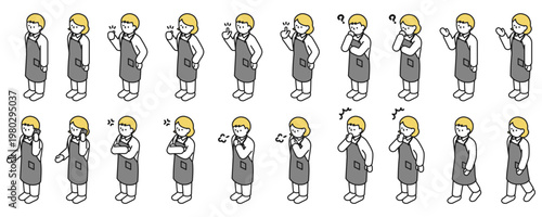 アイソメトリックイラスト：色々なポーズのエプロンを着た男女