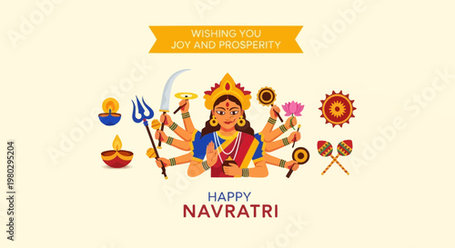 Happy Navratri: Goddess Durga with multiple arms, symbols of joy and prosperity