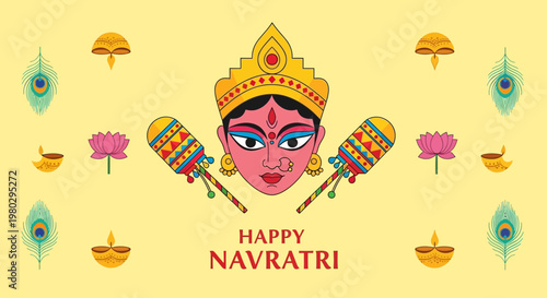 Happy Navratri Goddess Durga Face with Garba Sticks, Lotus, Peacock Feathers, Diyas