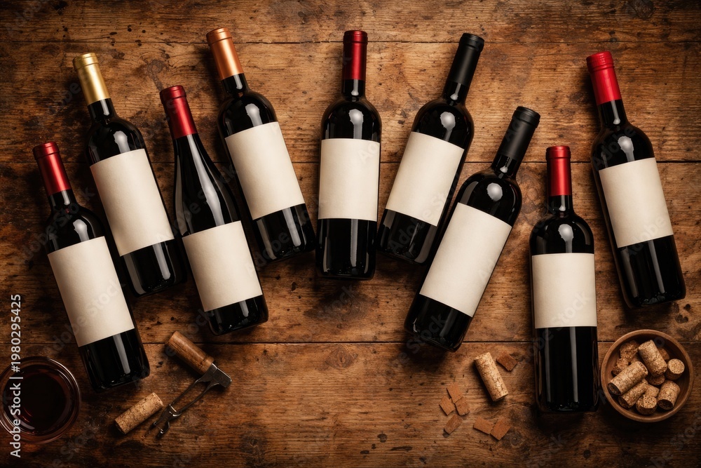 Obraz premium Top view of assorted red wine bottles arranged on rustic wooden table with blank labels and copy space