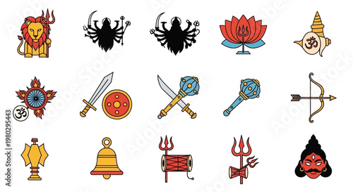Hindu Deities and Symbols Icon Set - Hinduism Religious Icons Collection