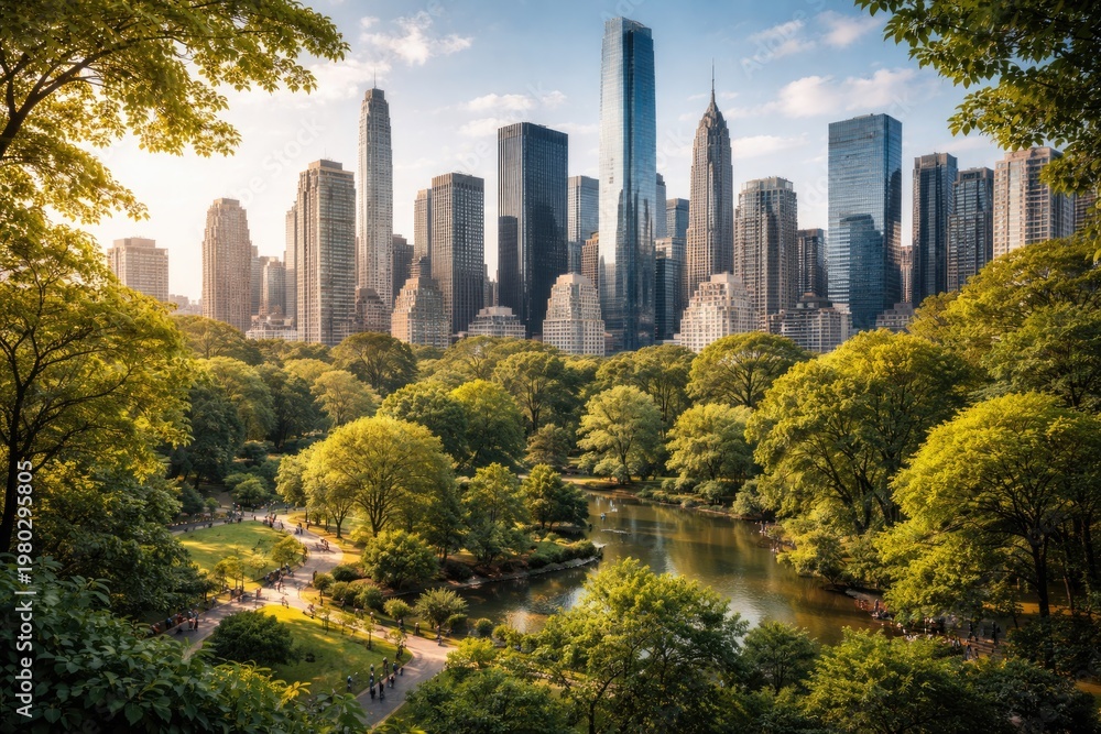 Fototapeta premium vibrant urban skyline blended with abundant leafy trees and green spaces