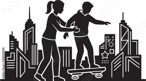 Mother teaching teenager to ride flying hover-board