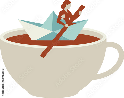 Paper boat sea mother child sailing teacup