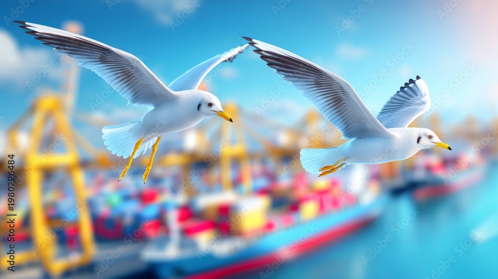 Fototapeta premium Seagulls Flying Above a Busy Port with Blurred Cargo Ships and Cranes