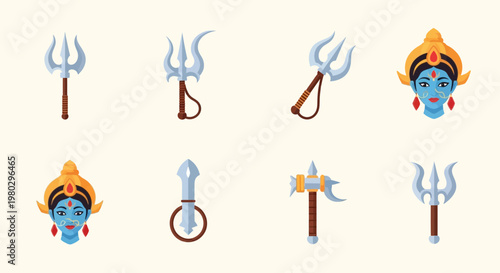 Hindu Goddess Kali Face and Weapons Set, Trishul, Mace, Dagger