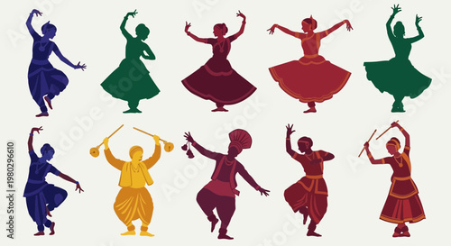 Indian Classical Dance Silhouettes: Vibrant Dancers in Traditional Costumes