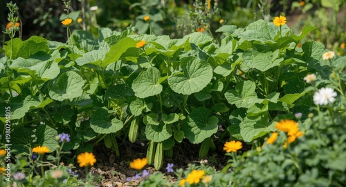 Healthy cucumber plants growing vigorously in a sunlit garden surrounded by vivid greenery and flowers