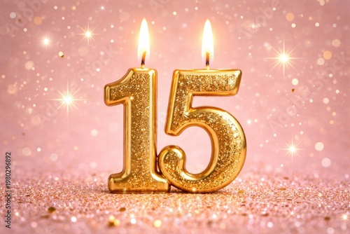 Gold Number 15 Candle Burning on Sparkling Pink Background