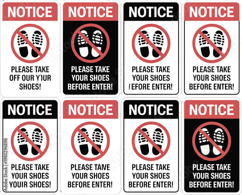 Shoe removal signs collection featuring no footwear symbols and entry rules in clean safety signage design