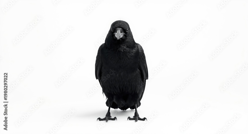 Obraz premium Mysterious black raven standing tall on pure white surface with intense posture
