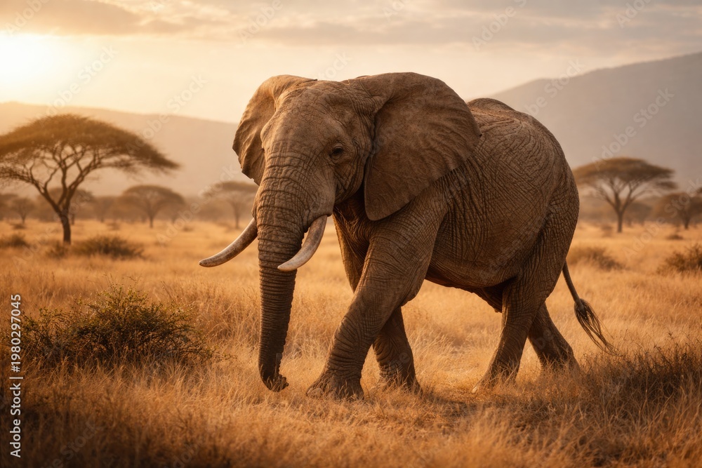 Fototapeta premium Majestic elephant wandering peacefully across the sunlit savannah plains