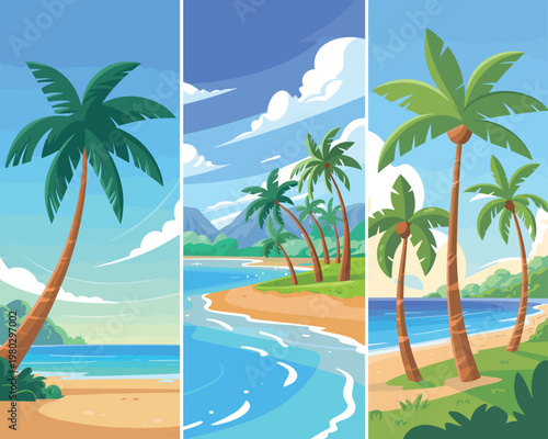 Beach scene featuring tropical palm tree on sandy shore with ocean and bright sky background