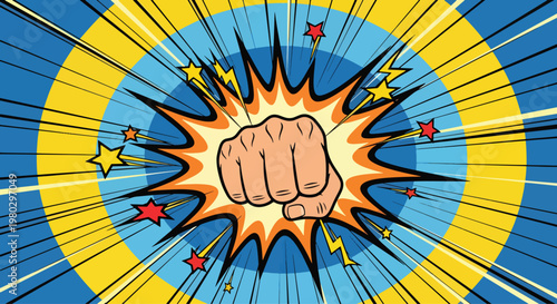 Fist Punch in Comic Style with Explosion and Stars
