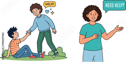 Illustration showing a person asking for help and another offering assistance, highlighting communication, support, and the importance of helping others.