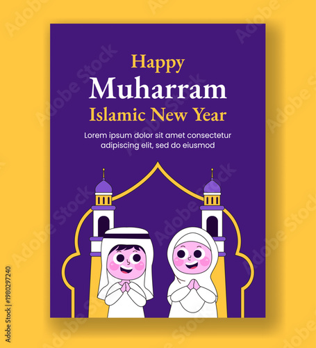 Vertical Poster Social Media Flat Cartoon Hand Drawn Islamic New Year Background