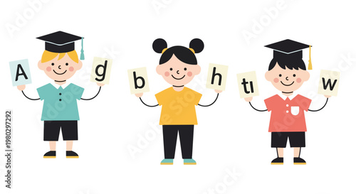 Three happy children, two wearing graduation caps, hold up cards with alphabet letters to celebrate their early learning achievements.