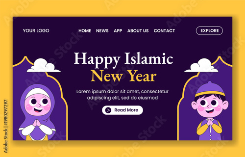 Social Media Landing Page Flat Cartoon Hand Drawn Template Islamic New Year
