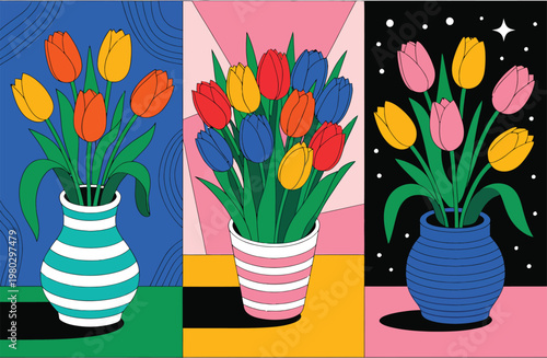Tulip floral design featuring bright orange and yellow blooms in decorative striped vase with bold backdrop