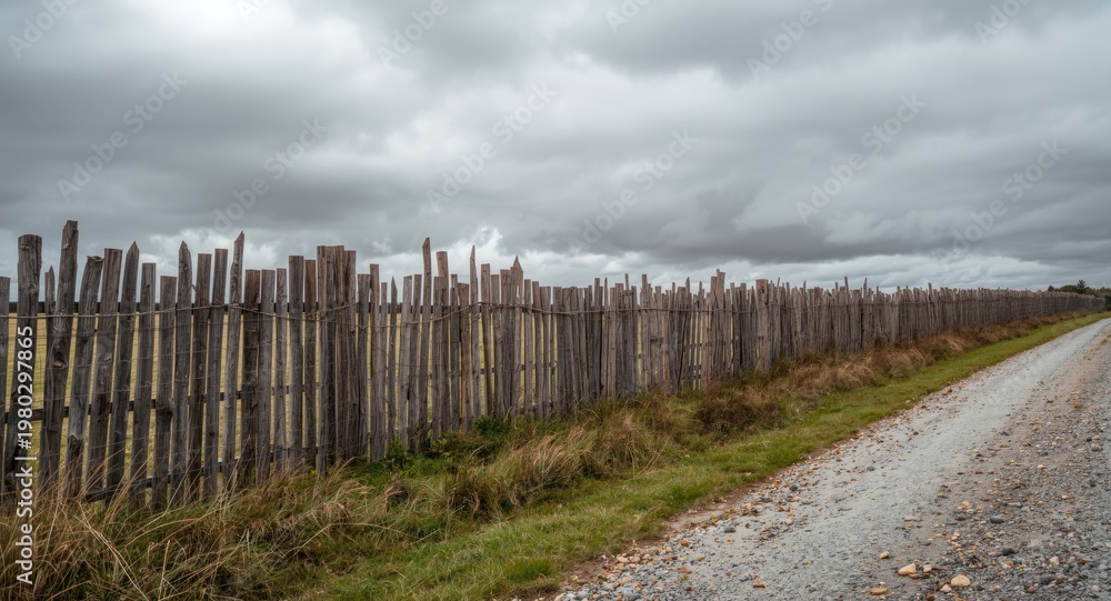 Fototapeta premium Texture rich rustic wood fence by gravel road with intense cloudy atmosphere