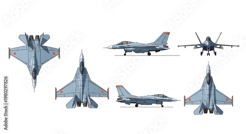 Modern fighter jet illustration with top, bottom, side, and front views. Military aircraft orthographic blueprint isolated on white background.
