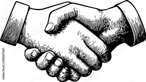 Hand Drawn Handshake Black and White Illustration in Minimal Line Art Style Design