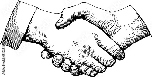 Hand Drawn Handshake Black and White Illustration in Minimal Line Art Style Design