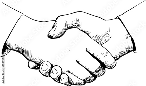 Hand Drawn Handshake Black and White Illustration in Minimal Line Art Style Design