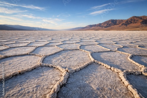 Breathtaking view of cracked salt flats under a serene blue sky with vast desert landscape