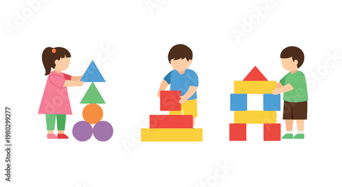 Three young children are illustrated creatively stacking colorful geometric blocks and building structures in this minimalist flat vector design.
