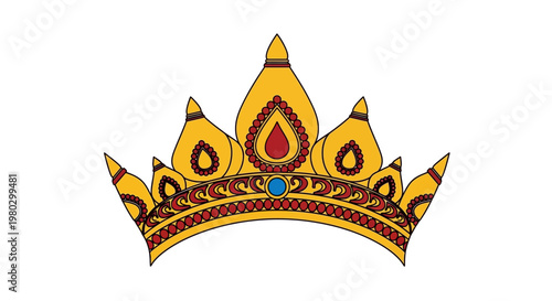 Ornate Golden Royal Crown with Red and Blue Jewels on White Background