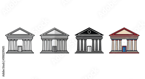 Four variations of classical temple facades are presented in a row showcasing different color schemes