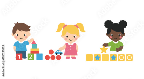Obraz na plátne Three diverse young children are playing with educational toys like colorful building blocks, toy cars, and shape sorters on a white background
