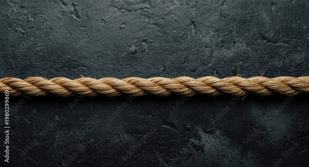Fototapeta premium Twisted natural rope arranged on a textured dark stone surface with dramatic visual contrast and depth