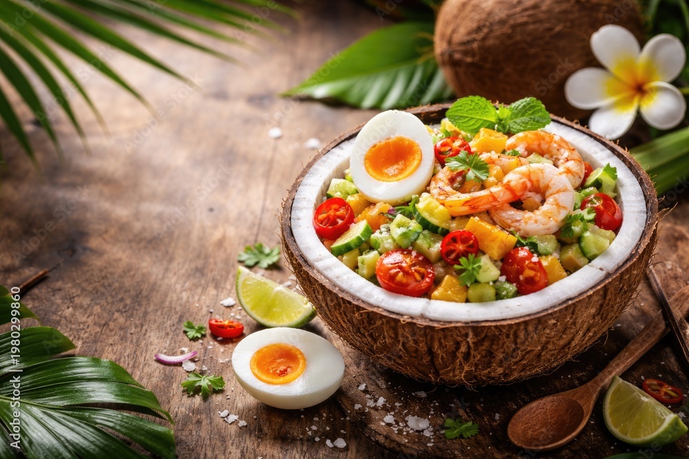 Fototapeta premium Tropical coconut salad with salted eggs and copy space for text