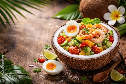 Tropical coconut salad with salted eggs and copy space for text
