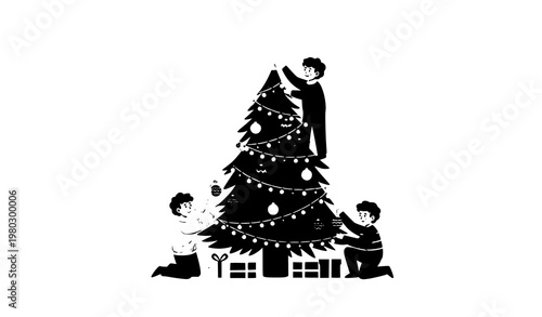 Minimal kids decorating Christmas tree simple festive activity vector illustration isolated on white background